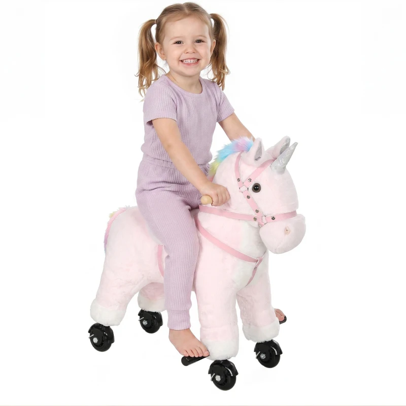 AIYAPLAY Cheval à Monter pour Enfant, Cheval à Roulettes en Peluche avec Effets Sonores, pour 1 à 3 Ans, Charge Max. 40kg, Rose