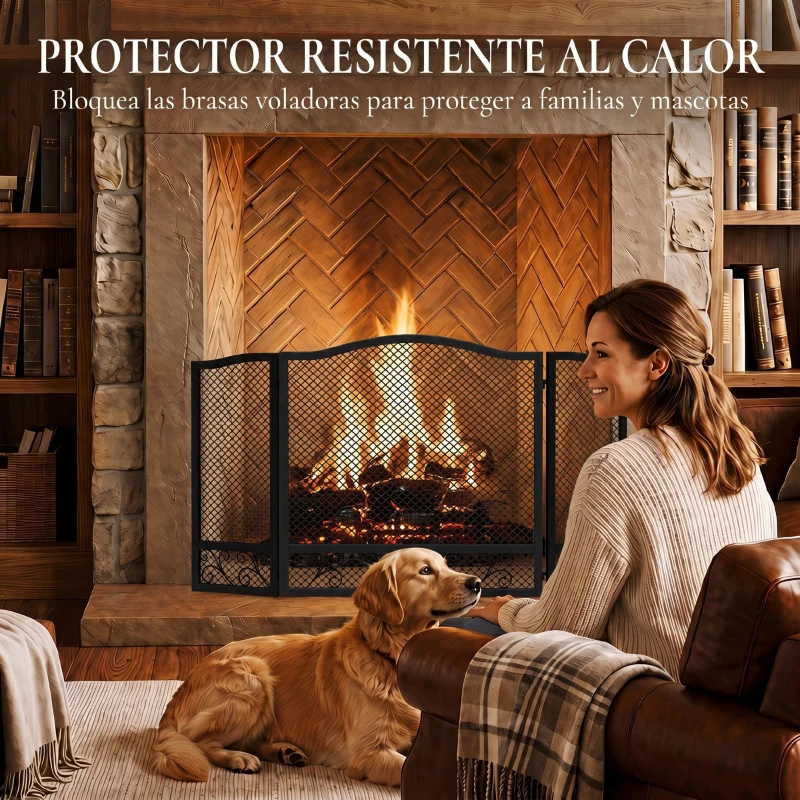 HOMCOM Salvachispas para Chimenea Plegable de 3 Paneles de Metal con Diseño Floral para Hogar 107x60 cm Negro