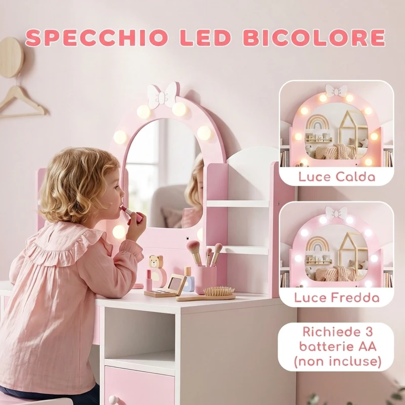 AIYAPLAY Set Toeletta Trucco Bambina 2 in 1 con Sgabello e Specchio, Luci a 2 Colori, Cassetto, Ripiani, Rosa