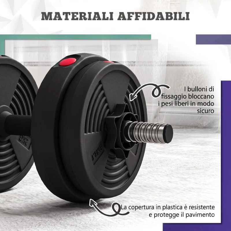 SPORTNOW Set 2 in 1 con 2 Manubri Convertibili in Bilanciere, Peso Totale 15 kg e Dischi Pesi Regolabili, Rosso