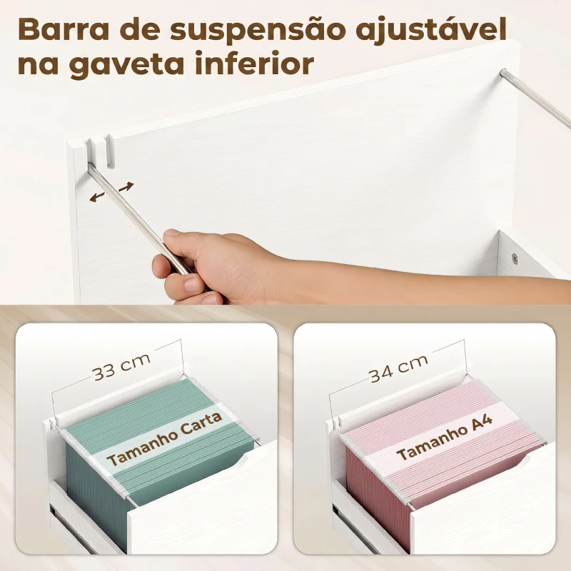 HOMCOM Móvel para Impressora com Rodas, 3 Gavetas, Barra Ajustável, 2 Prateleiras Abertas e Puxadores, para Documentos A4, Branco