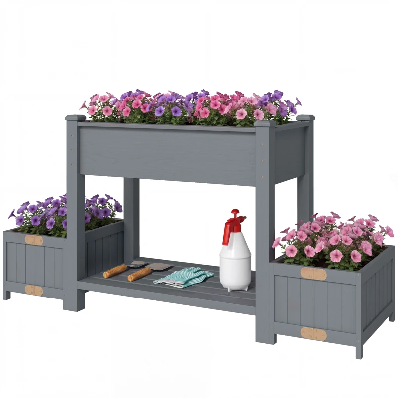 Outsunny Jardinieră Ridicată cu 2 Ghivece Laterale și Raft pentru Unelte, din Lemn de Brad, 149x46x76 cm, Gri