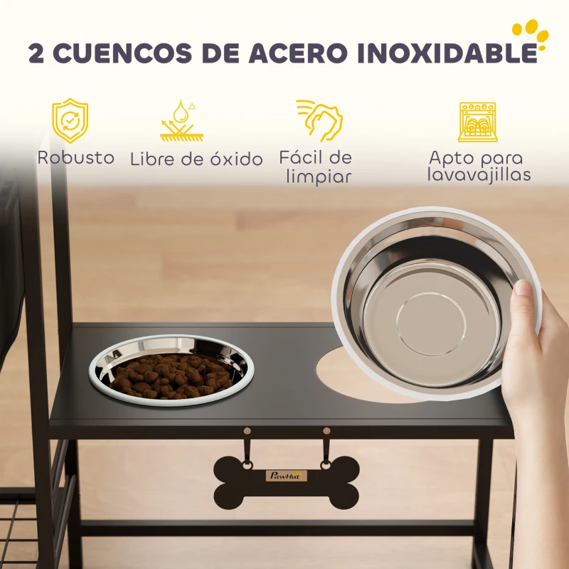 PawHut Comedero Perro Elevado con Cajón de Tela 2 Cuencos de Acero Inoxidable 2x800 ml Altura Ajustable 2 Estantes Negro