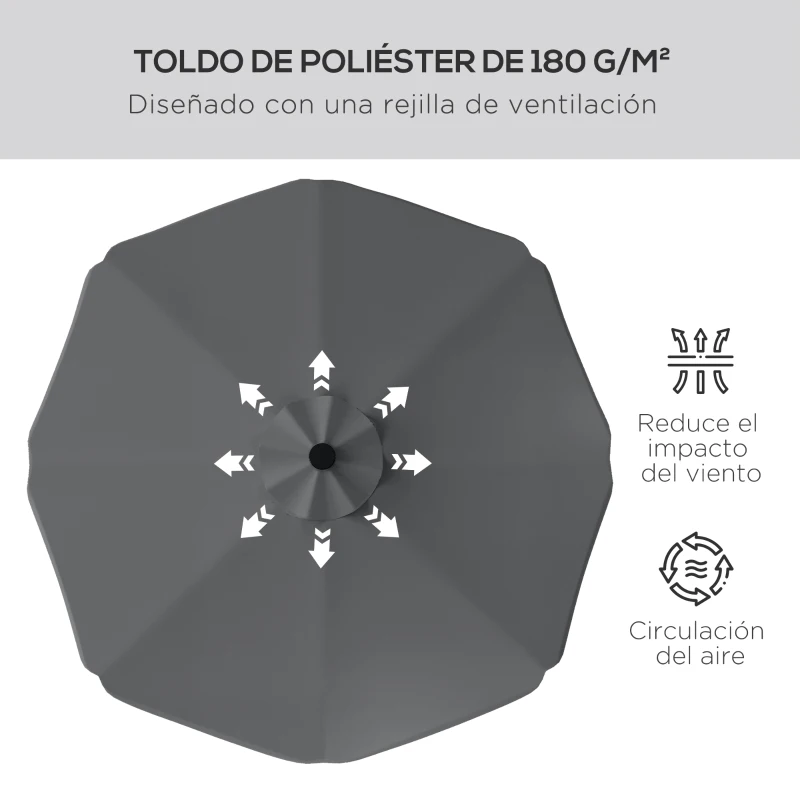 Outsunny Sombrilla de Jardín Manual Ø292x254 cm con 32 Luces LED Solares 8 Varillas Impermeable y Rejillas de Ventilación Gris