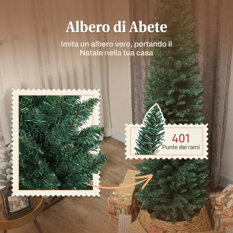 HOMCOM Albero di Natale Artificiale Slim 210 cm con 401 Rami a Forma di Abete, Base in Plastica, Verde