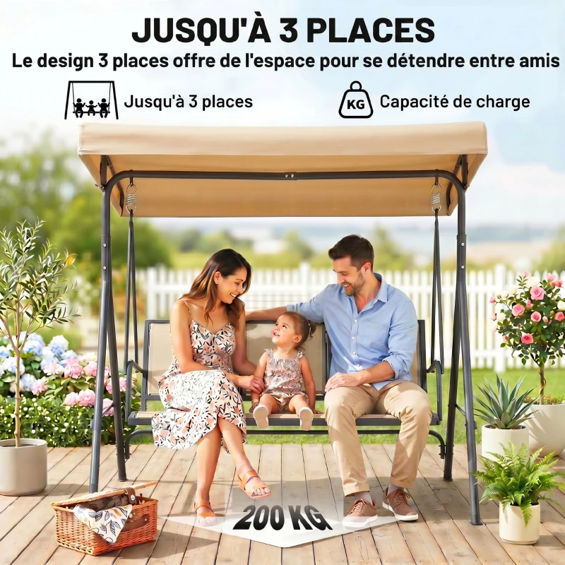 Outsunny Balancelle de Jardin 3 Places Grand Confort Toit Inclinaison réglable Assise et Dossier Ergonomique Acier époxy textilène Beige