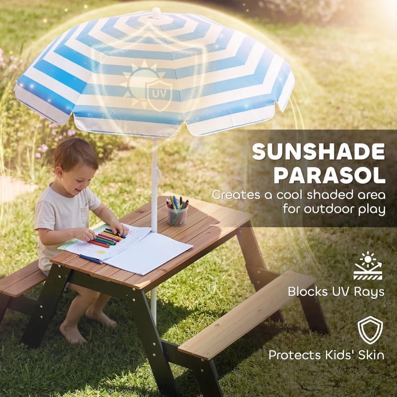 AIYAPLAY Kids Garden Furniture with Parasol, 3 in 1 Wooden Sand and Water Table with 2 Hidden Play Boxes for Patio, Ages 3-6