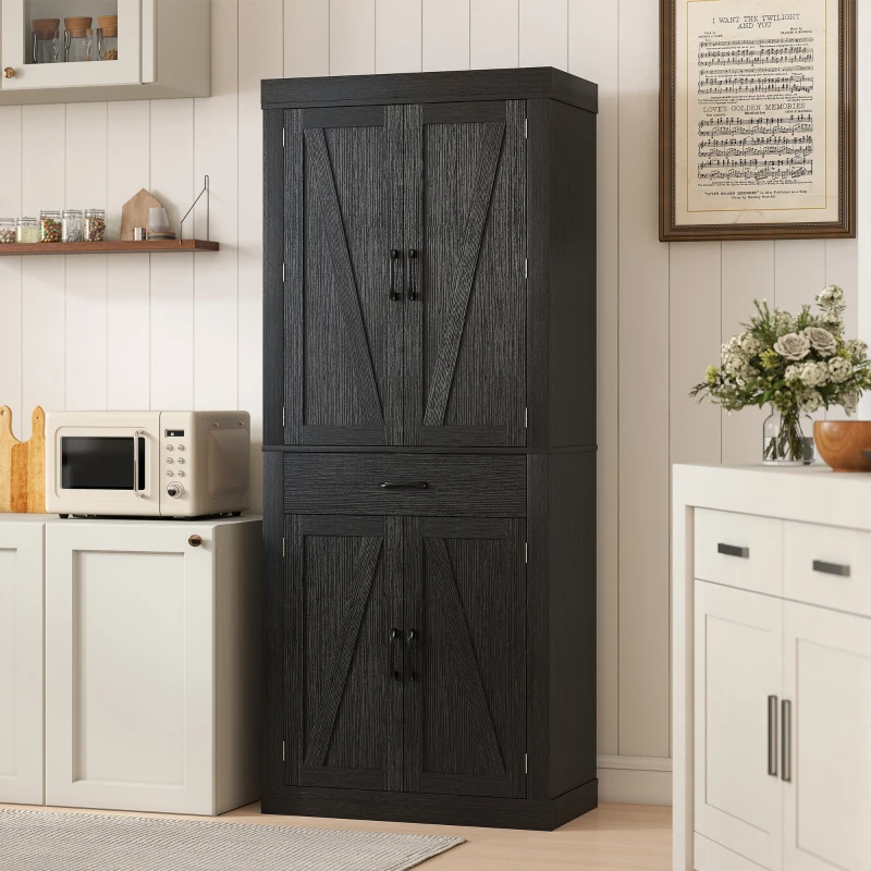HOMCOM Dispensa Cucina in stile Country con 2 Armadietti, 6 Ripiani e Cassetto, in Legno, 76x39.5x183.5 cm, Nero