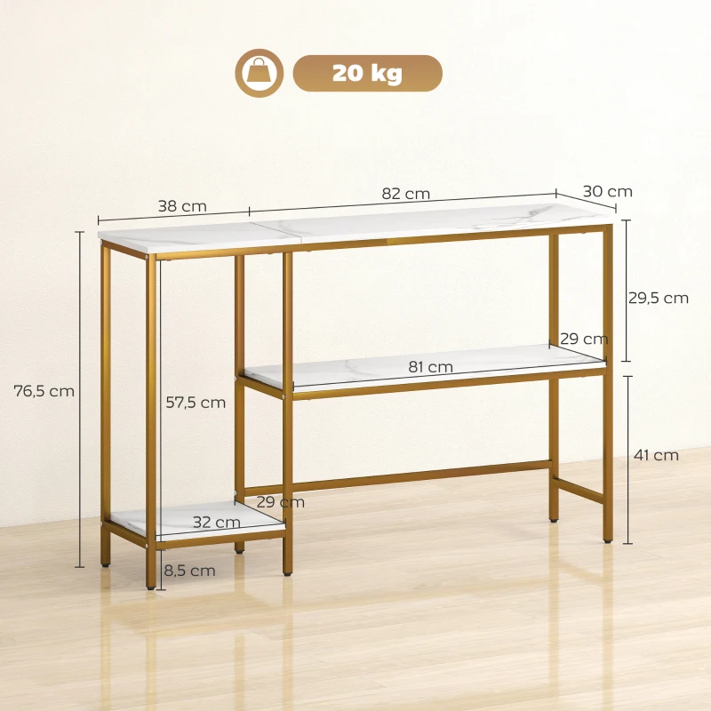 HOMCOM Console meuble 120 cm, table console 3 niveaux avec étagères de rangement, plateaux imitation marbre, blanc et doré