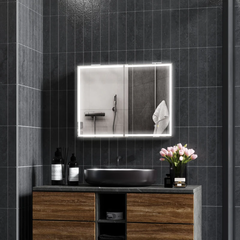 HOMCOM Armadietto a Specchio d Bagno con Luci LED e Ripiani Regolabili, in Vetro e Alluminio, 80x12.8x60 cm, Nero