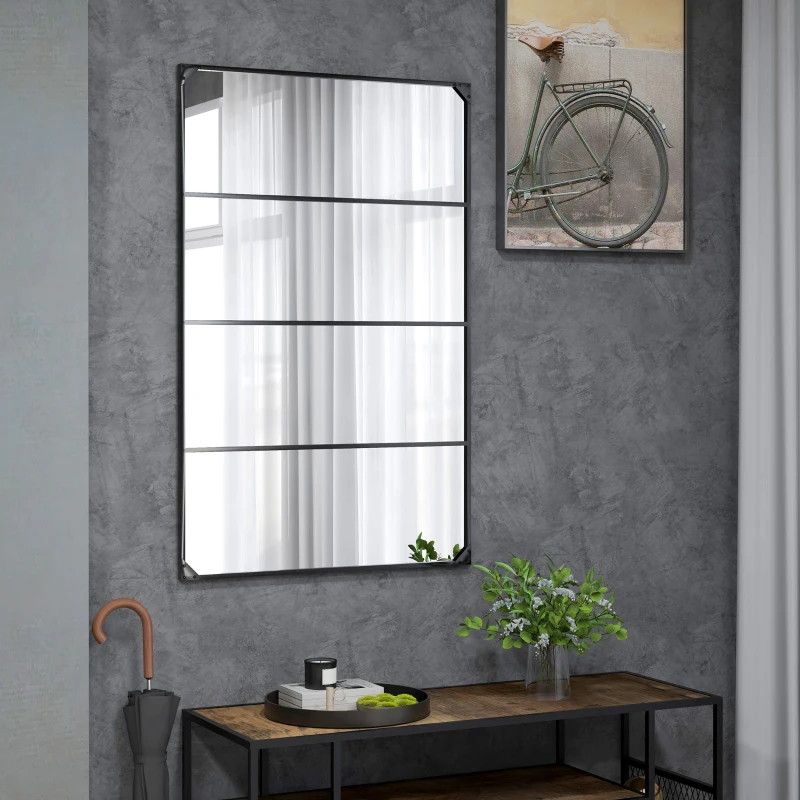 HOMCOM Specchio da Parete in Stile Industriale con 4 Ganci, in Vetro Multistrato, Metallo e MDF, 109x2x69 cm, Nero