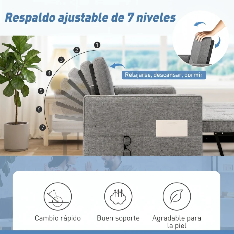 HOMCOM Sofá Cama 2 Plazas 3 en 1 Deslizantede Tejido Lino con Respaldo Ajustable Bolsillos 2 Cojines para Sala de Estar Gris