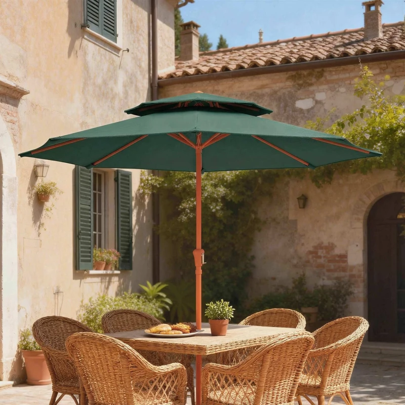 Outsunny 2.7 m Garden Parasol with Double Top Outdoor Market Table Umbrella with Crank System, Green
