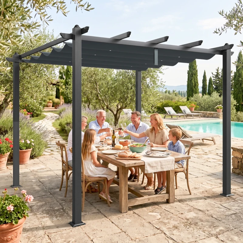 Outsunny Pergola Gazebo 3x3 m con 8 Fori di Drenaggio, in Alluminio, Metallo e Poliestere, Grigio Scuro