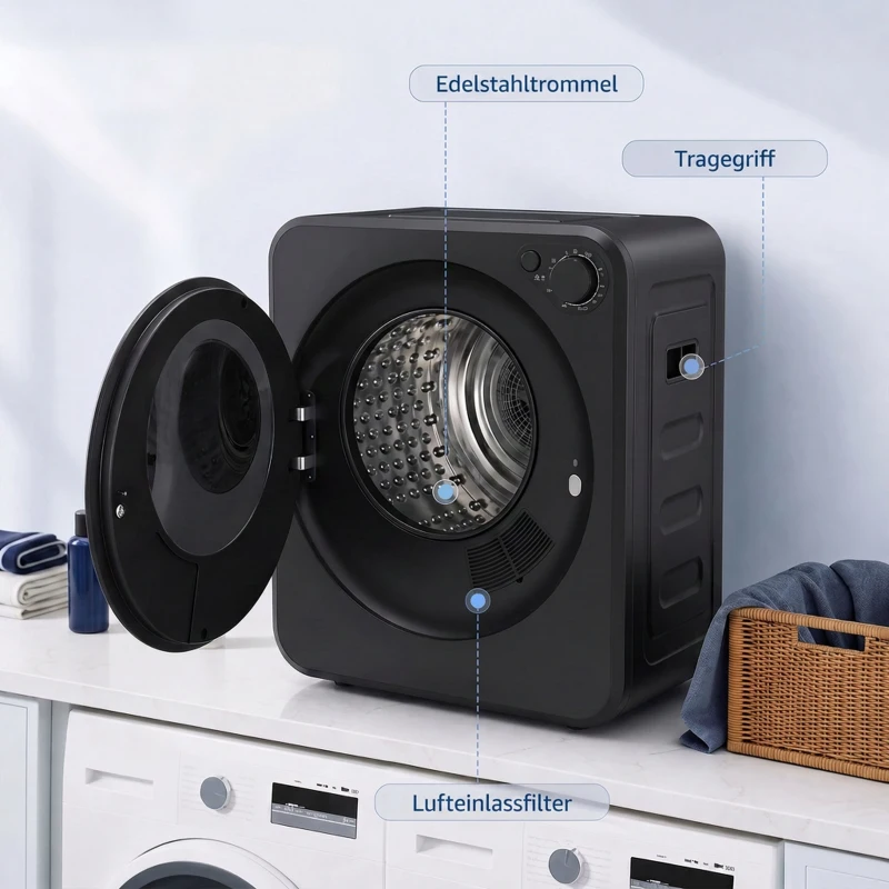 HOMCOM Mini suszarka do ubrań 4 kg z 5 programami do 60°C 800W/400W suszarka z odprowadzeniem powietrza z bębnem ze stali nierdzewnej Czarna