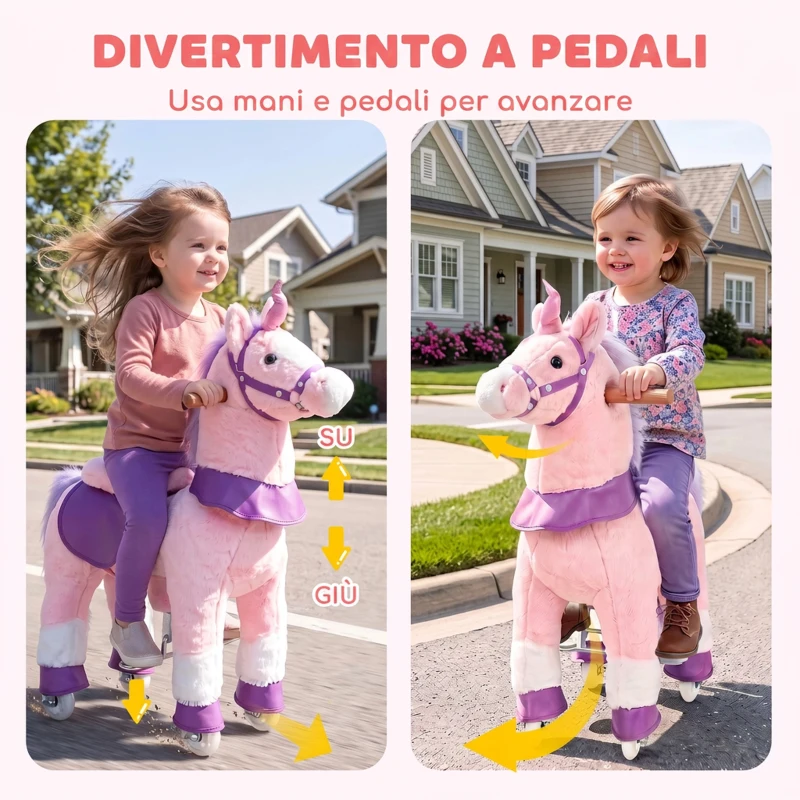 AIYAPLAY Cavallo per Bambini 2+ Anni con 4 Rotelle e Nitriti, Testa Girevole, Design a Pedali, Capacità 60 kg, Rosa