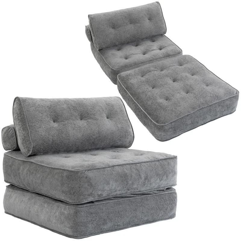 HOMCOM Klappsessel 1‑Sitzer 95 x 220 cm mit 2 Kissen, dickes Sitzpolster, 3‑in‑1 Schlafsessel, Hellgrau
