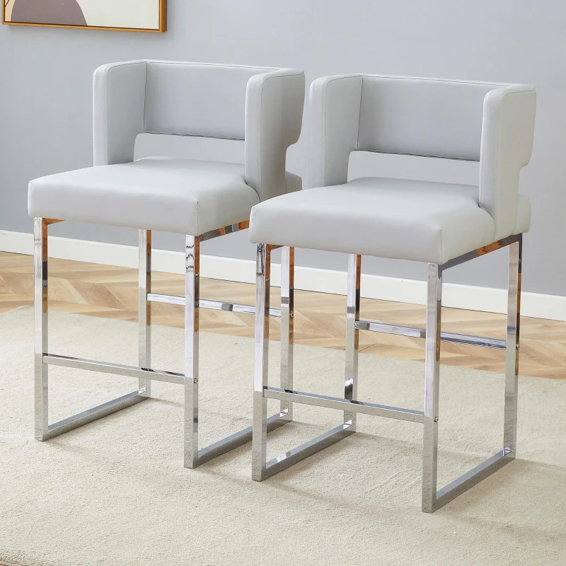 Lot de 2 tabourets de bar style nordique, structure métallique robuste avec pieds argentés, 48x53.3x91.4 cm, Gris clair+Argent