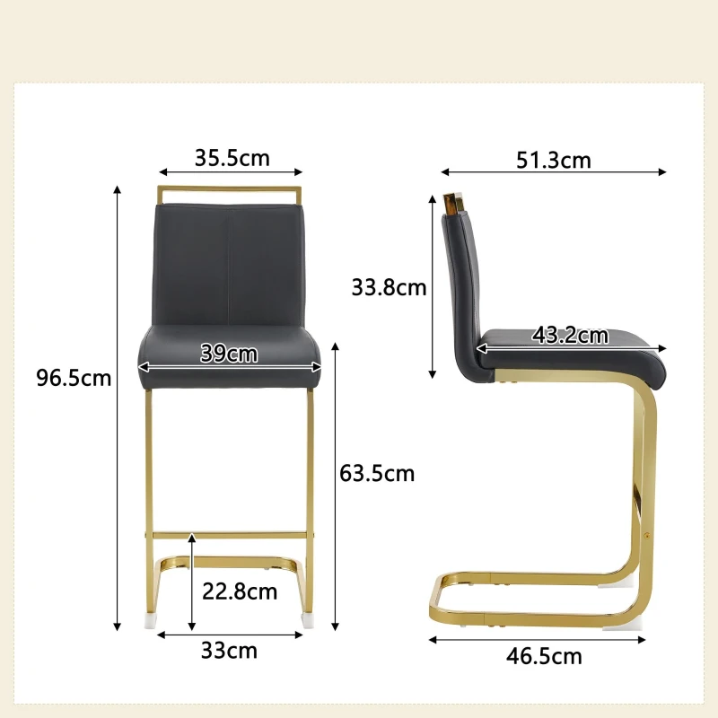 Lot de 2 tabourets de bar style nordique, design épuré et élégant avec piètement métal doré robuste, 39x46.5x96.5 cm, Noir+Doré