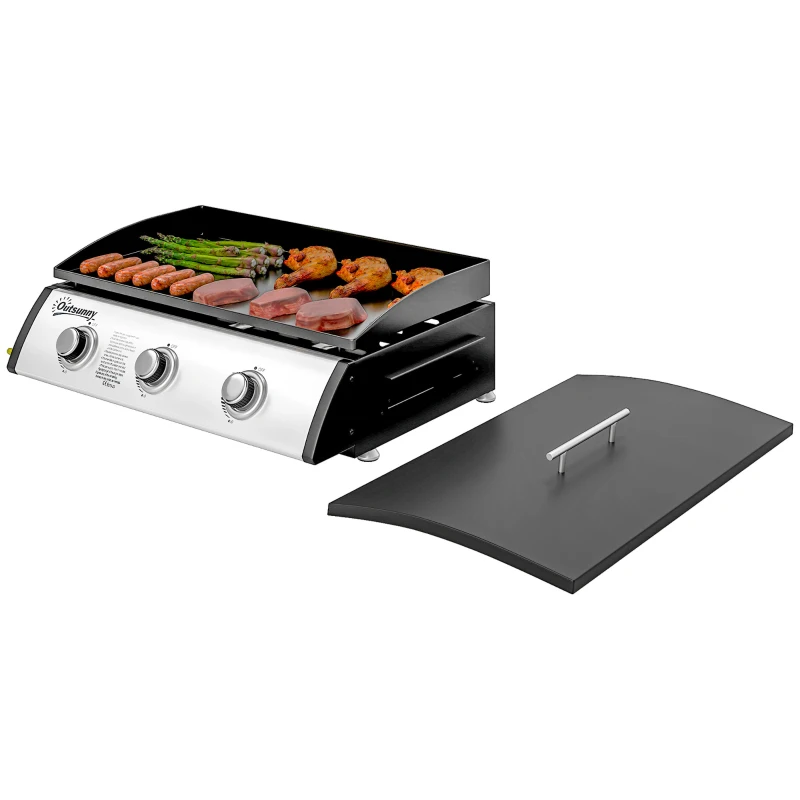 Outsunny Piastra a Gas in Acciaio Smaltato con 3 Bruciatori Potenza 7.5kW, 3 Zone di Cottura e Coperchio, Nero