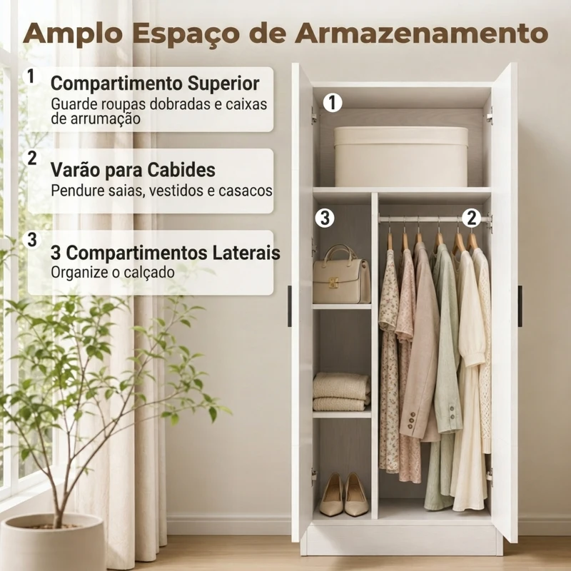 HOMCOM Roupeiro Moderno para Quarto com Barra para Pendurar e Prateleiras 70x37x164 cm Branco