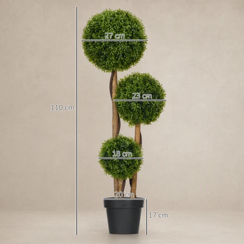 HOMCOM Pianta di Bosso Artificiale a 3 Sfere con Foglie di Bambù, Vaso Incluso, Altezza 110 cm, Verde