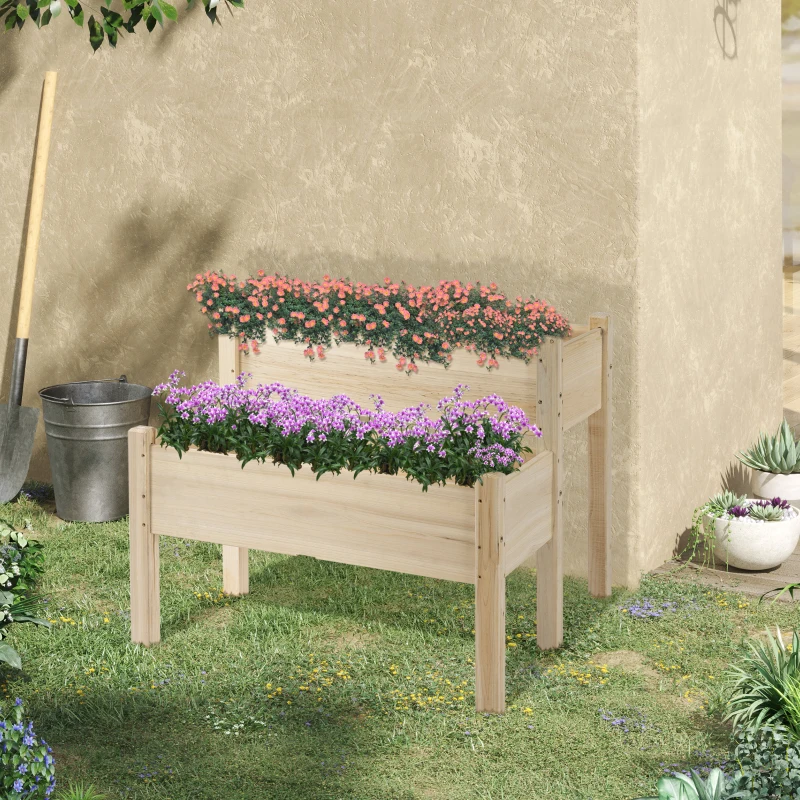 Outsunny Mesa de Cultivo Huerto Urbano Elevado de Madera de 2 Niveles 86x85x72 cm Madera Natural