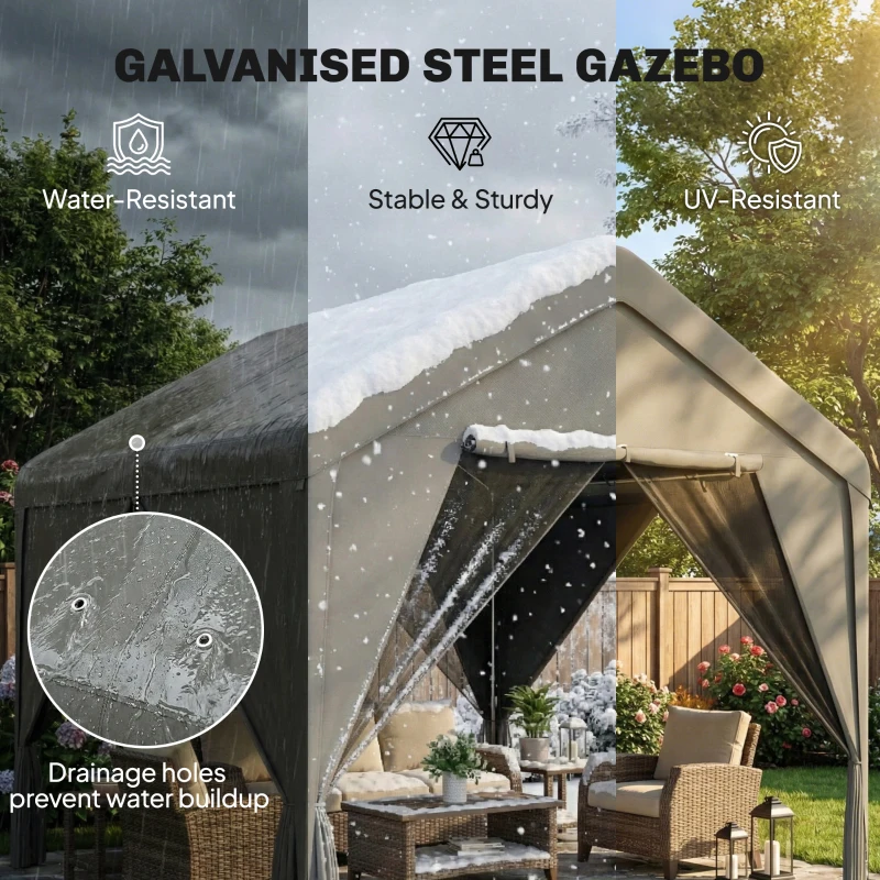 Outsunny 3 x 3 m Patio Gazebo with Netting & Curtains, Outdoor Canopy Shelter with Galvanised Steel Frame, Dark Grey