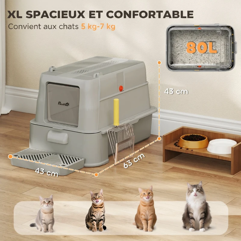 PawHut Bac à Litière pour Chat 80L en Inox avec Couvercle Rabattable à 180°, Tiroir Coulissant, Pelle, 63x43x43cm, Gris Clair