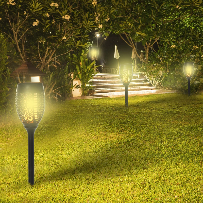 Outsunny Set 4 Faretti da Esterno LED a Energia Solare con 4 Picchetti, in Plastica, Ø12x72 cm, Nero
