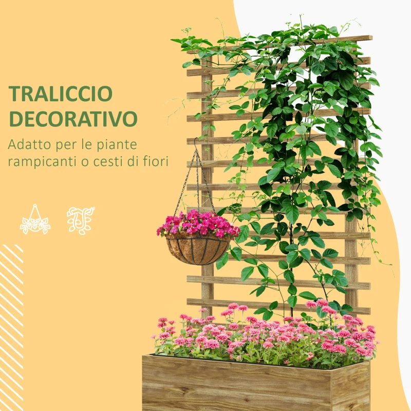Outsunny Fioriera Verticale con 4 Ruote e Traliccio per Piante Rampicanti in Legno, 76x30x155 cm, Color Legno