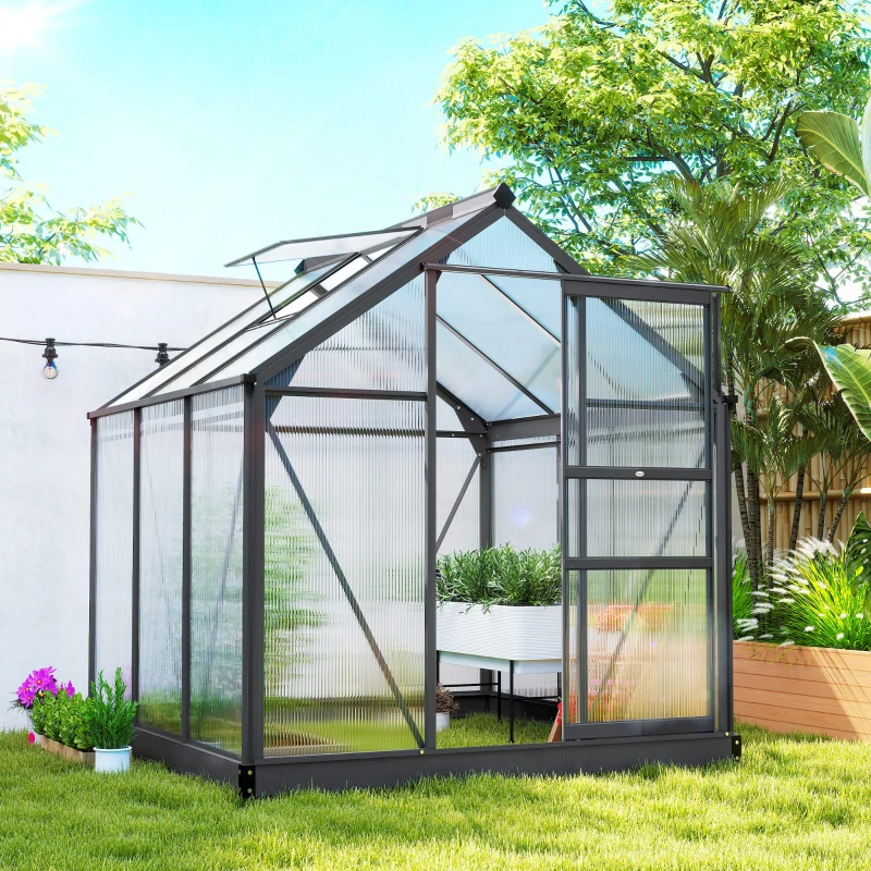Outsunny Serre de jardin polycarbonate 3,65m² 190 x 192 x 201 cm résistant aux UV fondation renforcé gouttière Gris