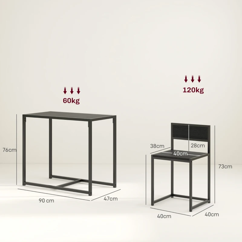 HOMCOM 3 Piece Dining Table and Chairs Set, Dining Room Sets, Rectangular Space Saving Table and 2 Chairs for Compact Kitchens, Steel Frame, Black