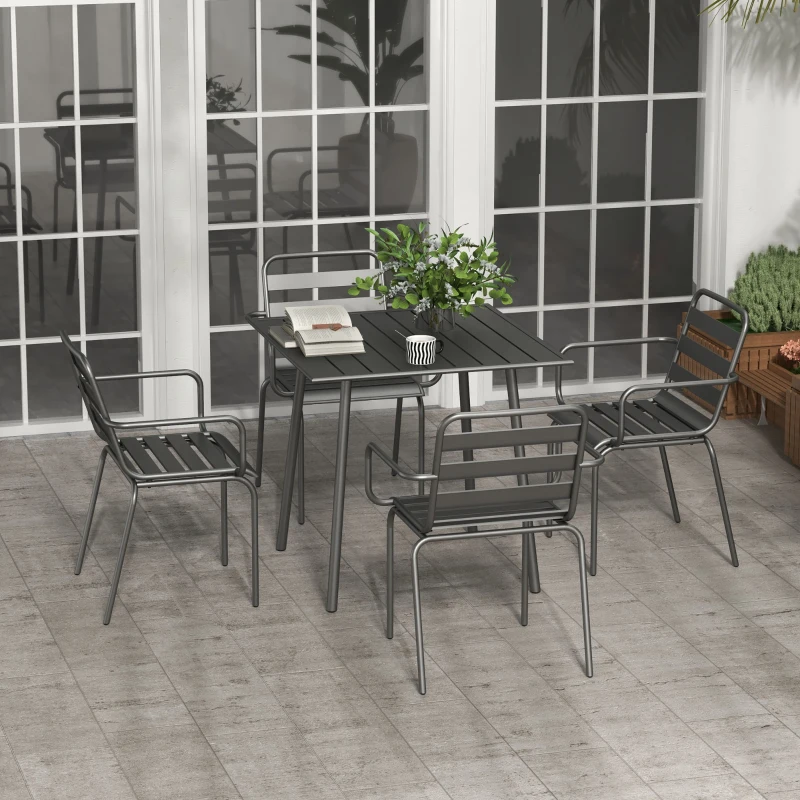 Outsunny Salon de jardin ensemble salle à manger de jardin 5 pièces avec 1 table et 4 chaises empilables en acier gris foncé