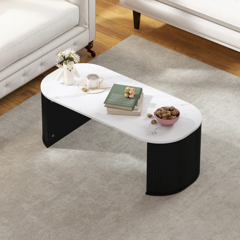 HOMCOM Table basse ovale, table d'appoint aspect effet marbre, coins arrondis pieds épais, 110 x 50 x 40 cm, noir