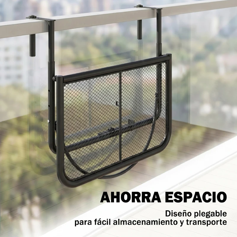 Outsunny Mesa Colgante de Balcón con Brazo Regulable y Altura Ajustable en 3 Posiciones Marco Metálico 60x56x50 cm Negro