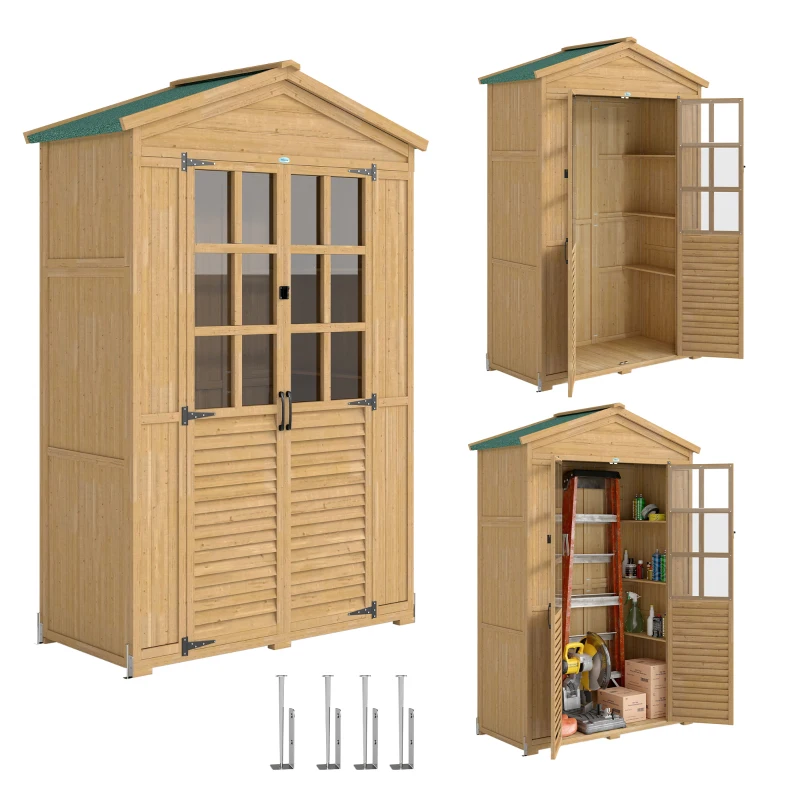 Outsunny Abri de jardin Armoire de jardin pour outils avec Étagères et Fenêtres en Acrylique, 128 x 57,5 x 197 cm marron clair