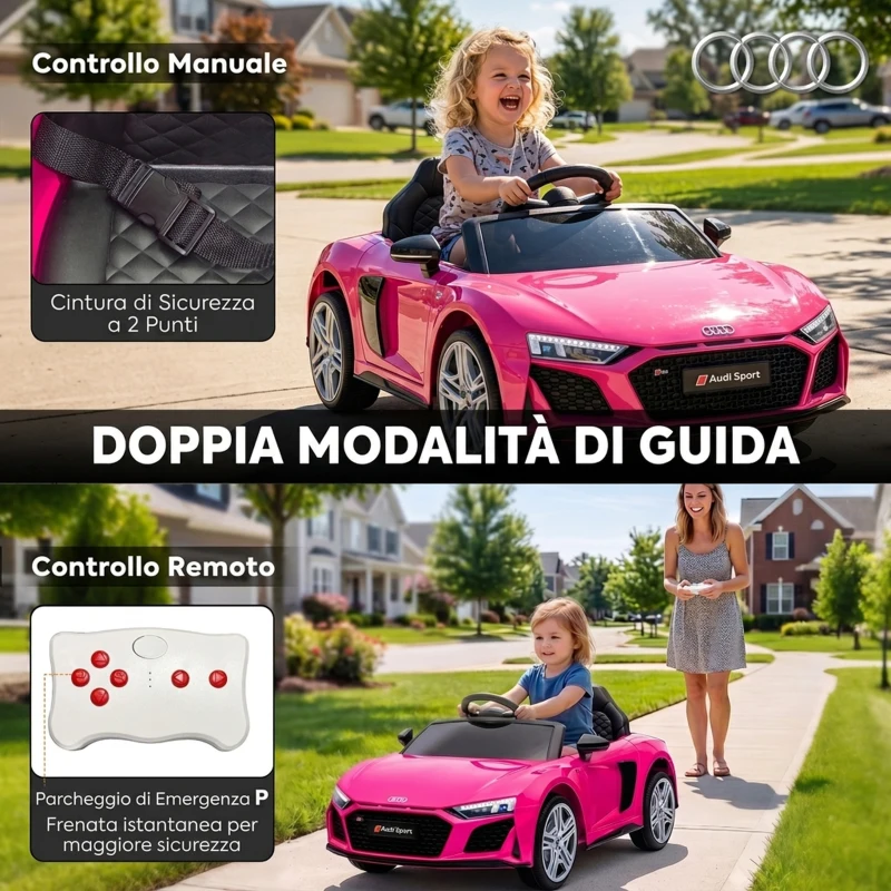 AIYAPLAY Macchina Elettrica per Bambini 3+ Anni 12V Audi R8 Spyder, 3-5 km/h con 2 Motori e Telecomando, Rosa