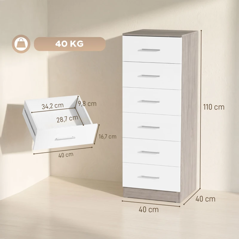 HOMCOM Comò Cassettiera a 6 Cassetti con Antiribaltamento, 40x40x110 cm, Grigio Chiaro e Bianco