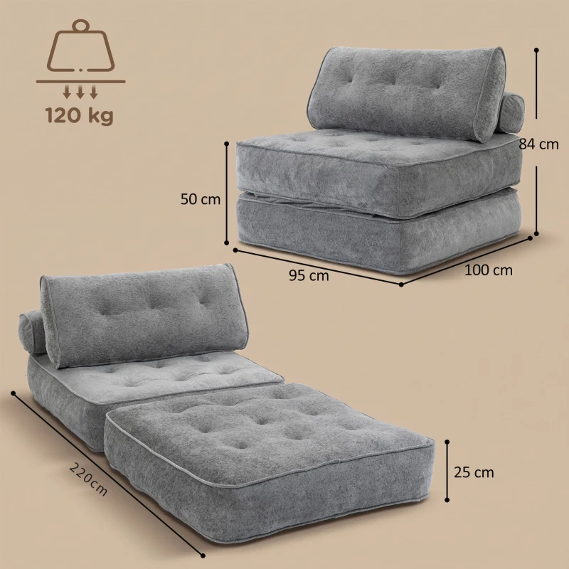 HOMCOM Poltrona Conversível 1 Lugar 95 x 220 cm com 2 Almofadas, Assento Espesso, Poltrona-Cama 3 em 1, Cinza claro