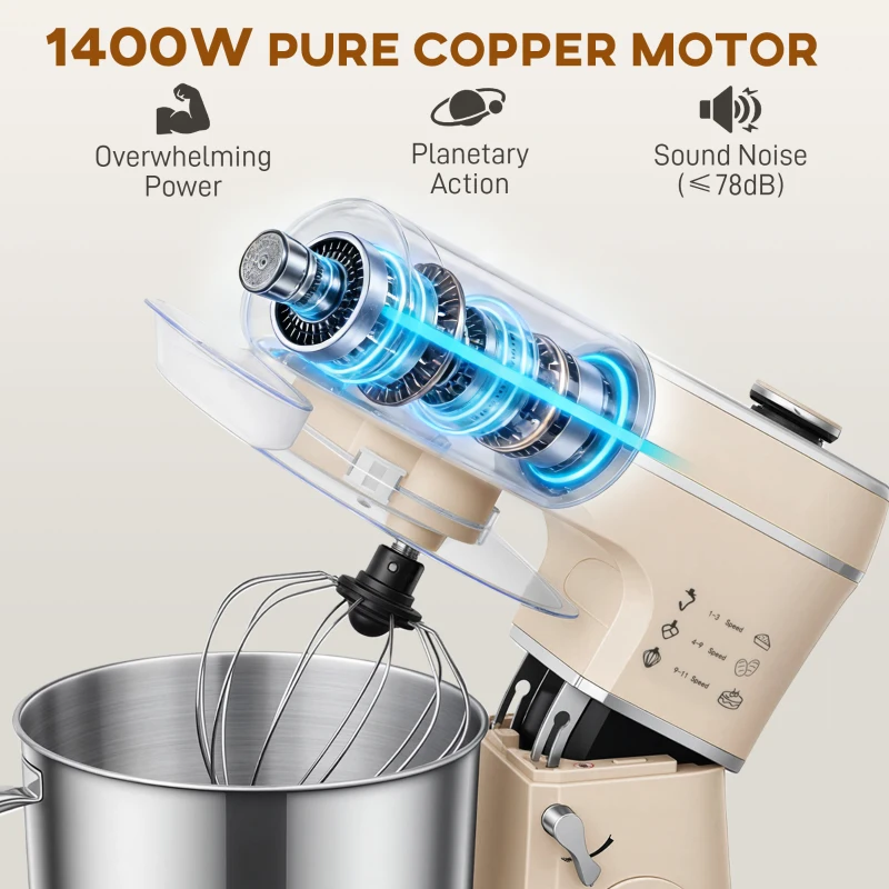 HOMCOM Stand Mixer, 6L 1400W Tilt-Head Food Mixer with 11 Speeds, Pulse & Fermentation Function, LED Display, Cream