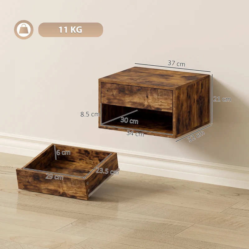 HOMCOM Set of Two Floating Bedside Tables - Rustic Brown