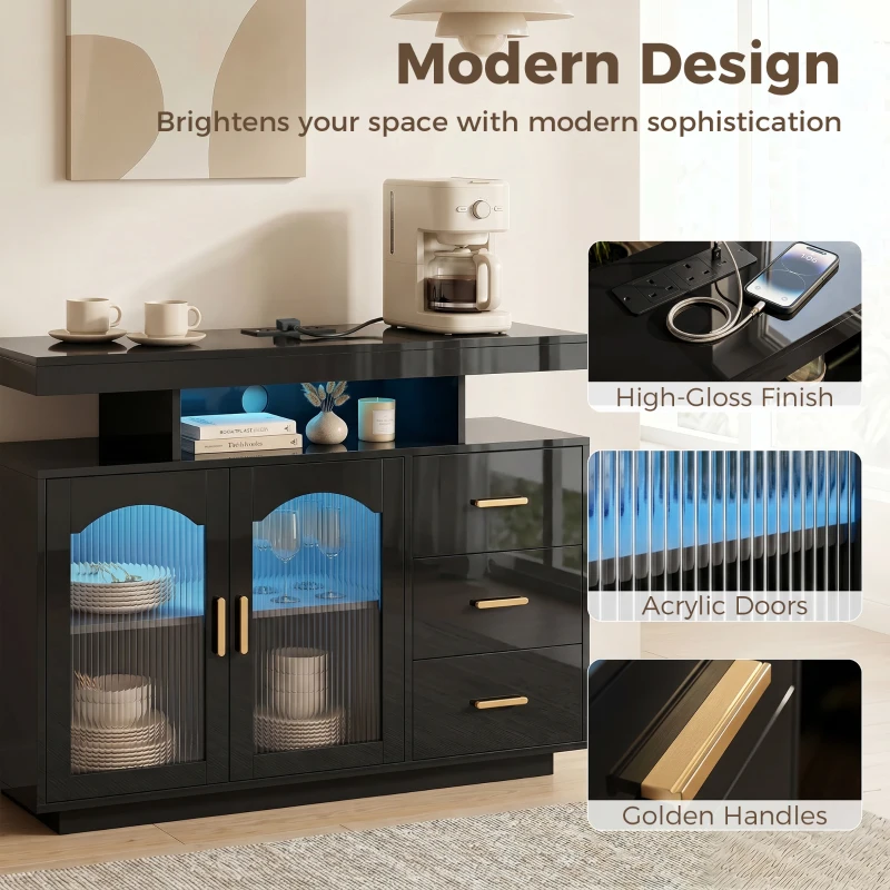 HOMCOM High Gloss Sideboard with LED Lights, Built-in Power Outlets, 3 Drawers, Shelves and 2 Acrylic Doors, Black