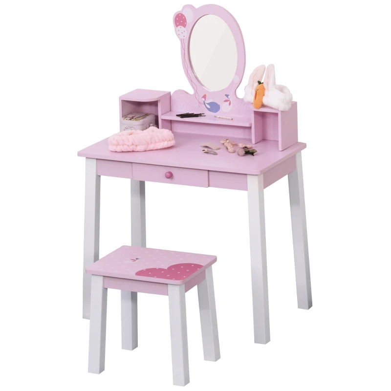 HOMCOM Coiffeuse Enfant Table de Maquillage avec Tabouret, 1 tiroir, Miroir 59 x 39 x 92 cm Bois Rose