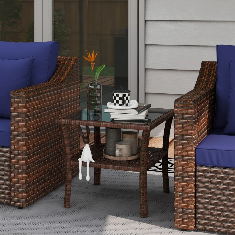 Outsunny Mesa de Ratán PE Cuadrada 50x50x45 cm Mesa de Jardín con Estante Encimera de Cristal y Marco de Acero Carga 30 kg Marrón