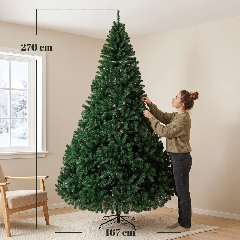 HOMCOM Árbol de Navidad de Abeto 270 cm con Ramas Articuladas 2418 Puntas de PVC Ignífugo Montaje Rápido Soporte de Acero Verde
