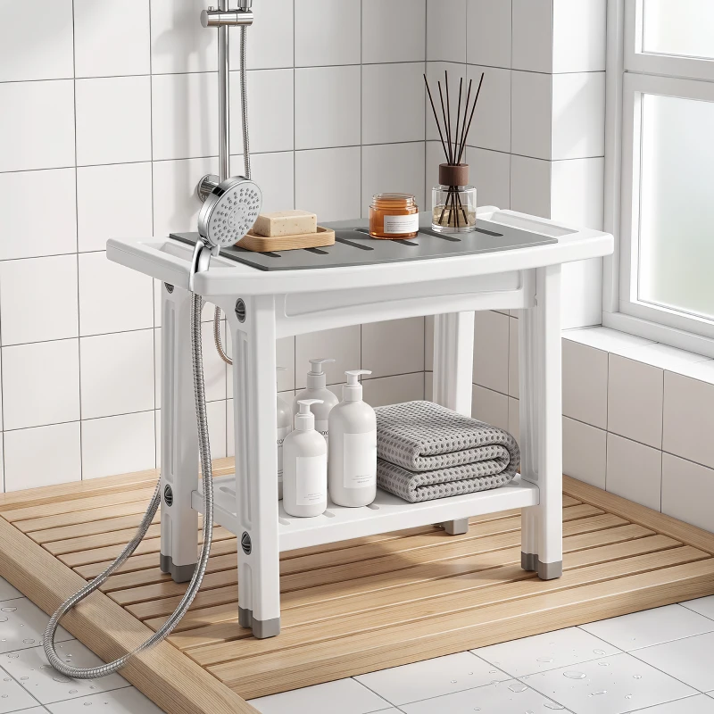 HOMCOM Sgabello da Bagno a 2 Livelli in HDPE con Cuscino in EVA, Ripiano Portaoggetti, Portata 120 kg, Bianco