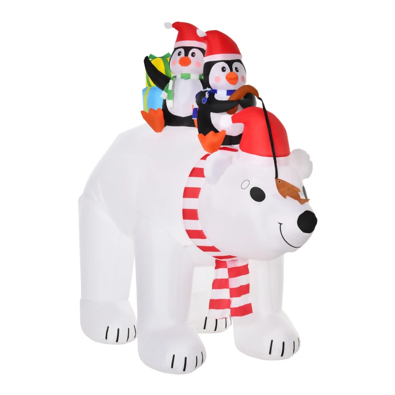 HOMCOM Ours Polaire Gonflable de Noël avec Lumières LED 206cm Décoration Gonflable de Noël Imperméable avec 2 Pingouins