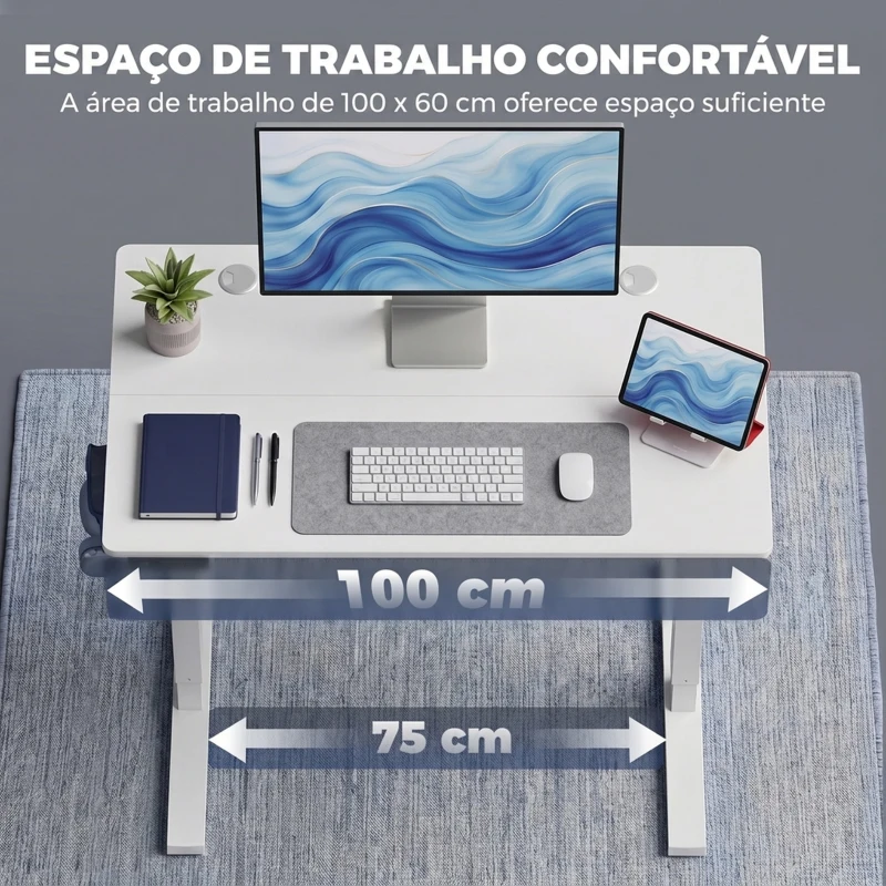 HOMCOM Secretária Elevatória com Memória, Altura Regulável, 2 Passa-cabos e Ecrã LED, Branco