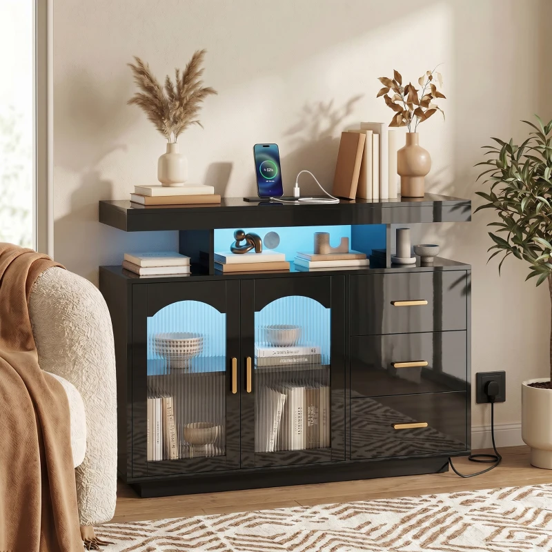 HOMCOM High Gloss Sideboard with LED Lights, Built-in Power Outlets, 3 Drawers, Shelves and 2 Acrylic Doors, Black